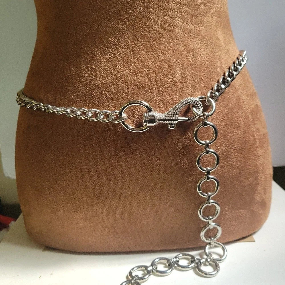 Silver Rhinestone Curb Chain Belt Circle Link Adjustable Size 38 Inch Y2K